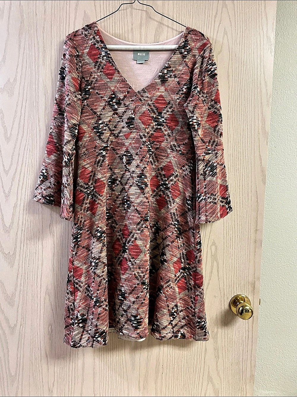Maeve Pink Argyle Knit Bell Sleeve Dress Mini Dress in Pink & Black Size Small